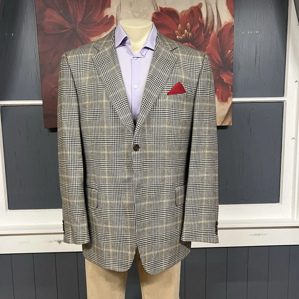 John W. Nordstrom Cashmere Blazer Jacket Sport Coat Mens 46R Cream/Brown/Black